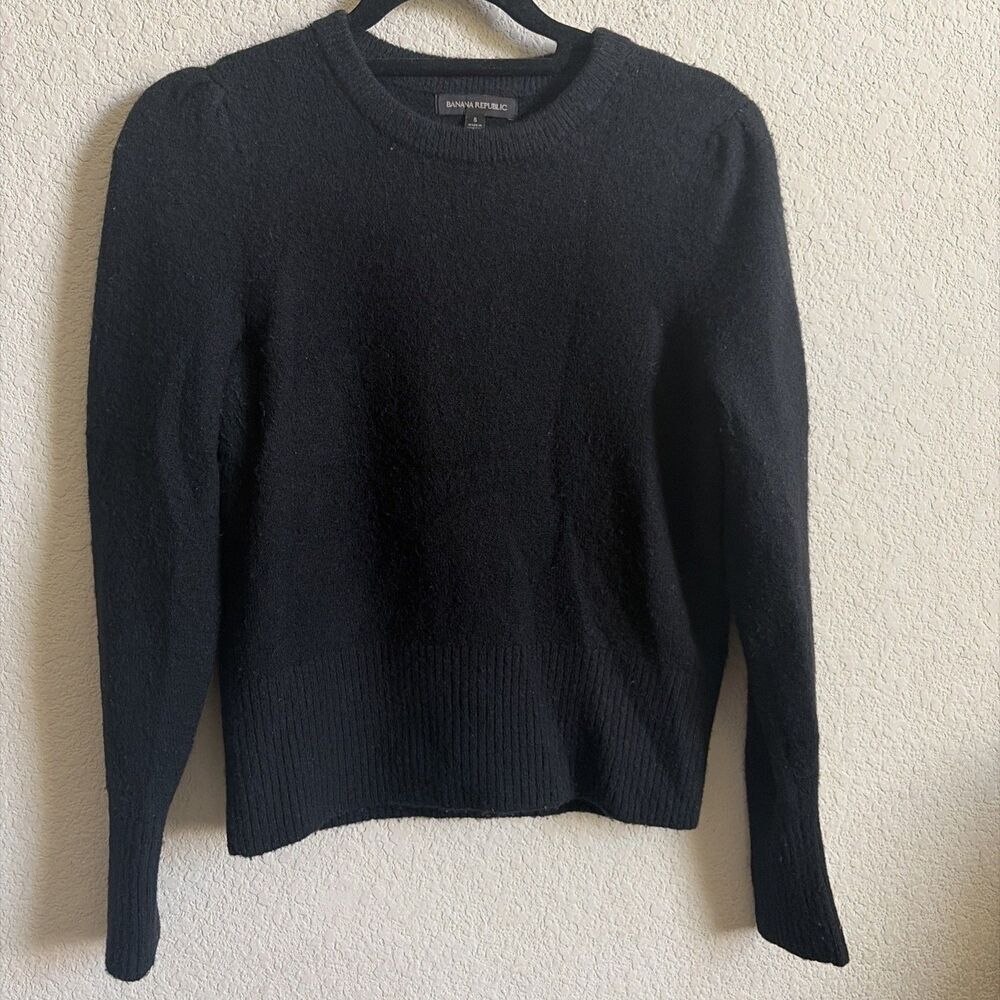 Banana Republic Black Crewneck Puff Sleeve Sweater Alpaca Wool Blend S Luxury